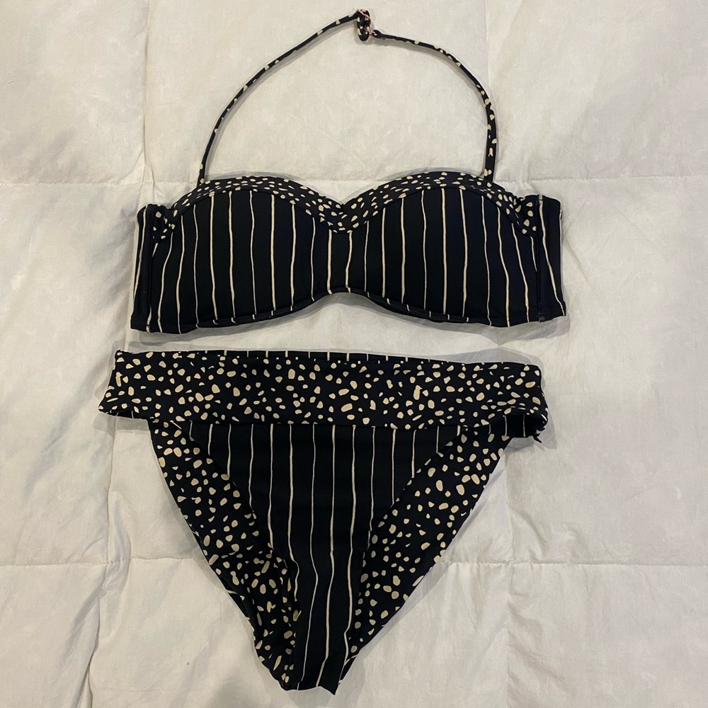 Swim systems black polka dot and striped reversible bikini